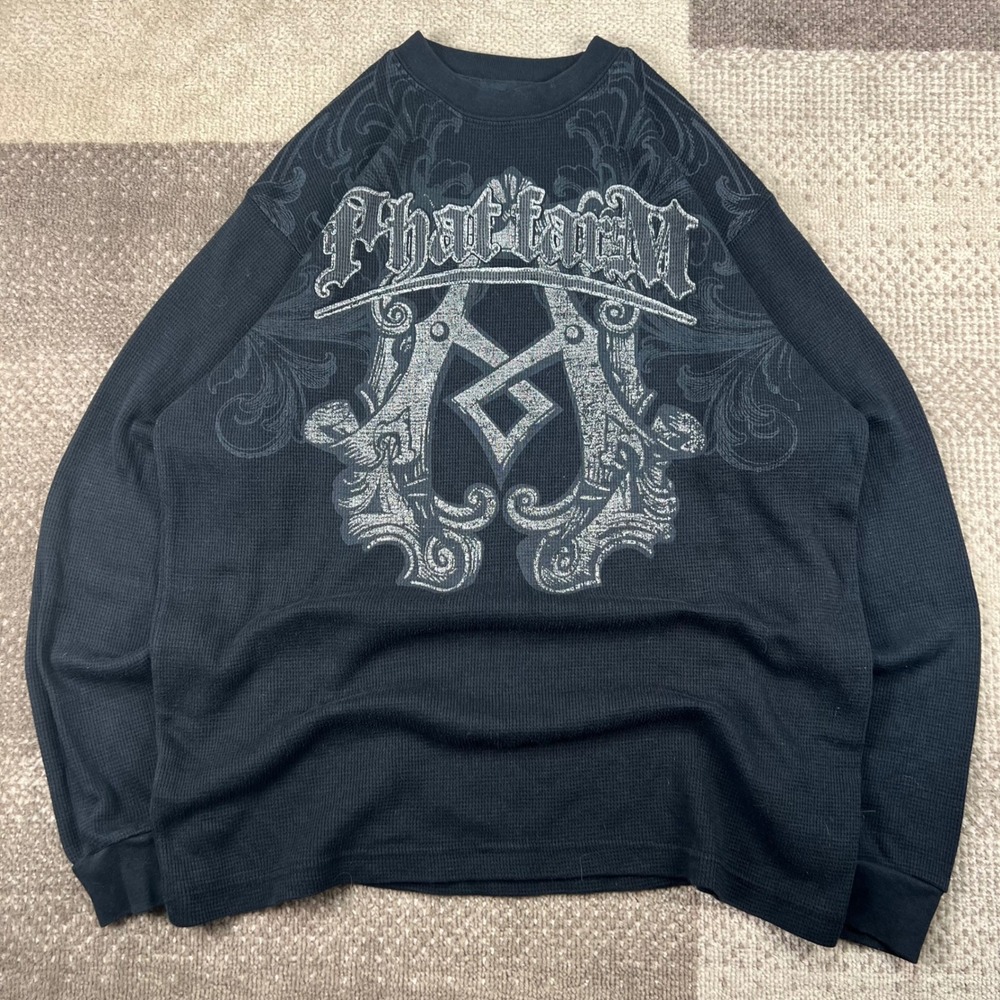 Y2K Phat Farm Mens Black Waffle Knit Thermal‎ Graphic Long Sleeve Shirt XL